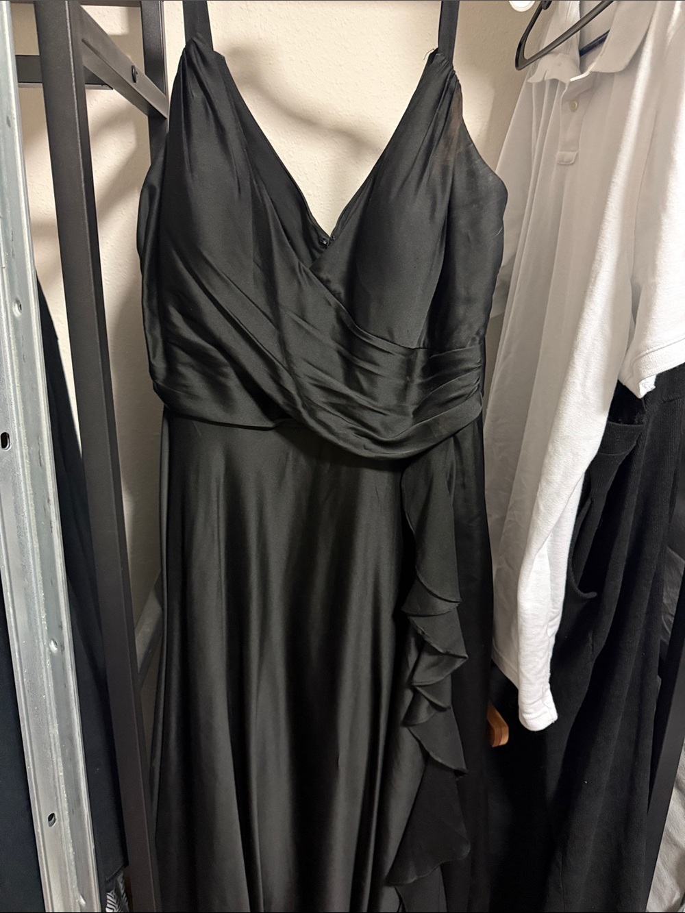La Femme Black Satin V-Neck Ruffled Prom Gown
